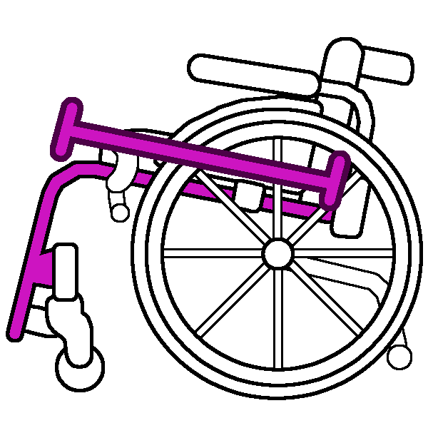  black and white rigid wheelchair in profile with a bright pink frame and a measurement line from the back of the frame to the beginning of the downward curve.